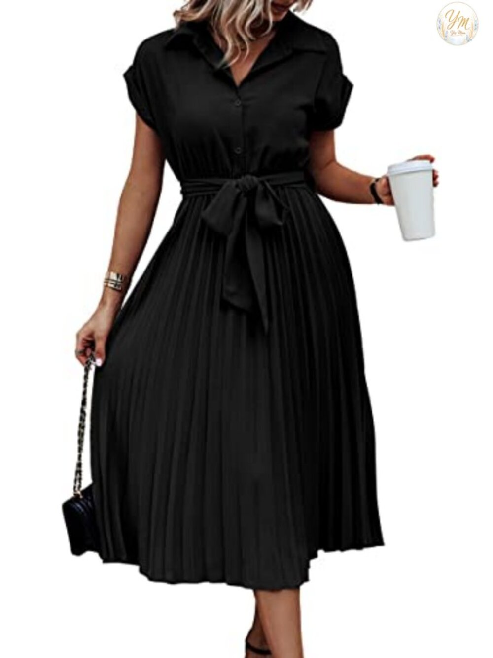 Women's V-Neck Midi Dress with Pockets Short Sleeve Belted Button Shirt Dress